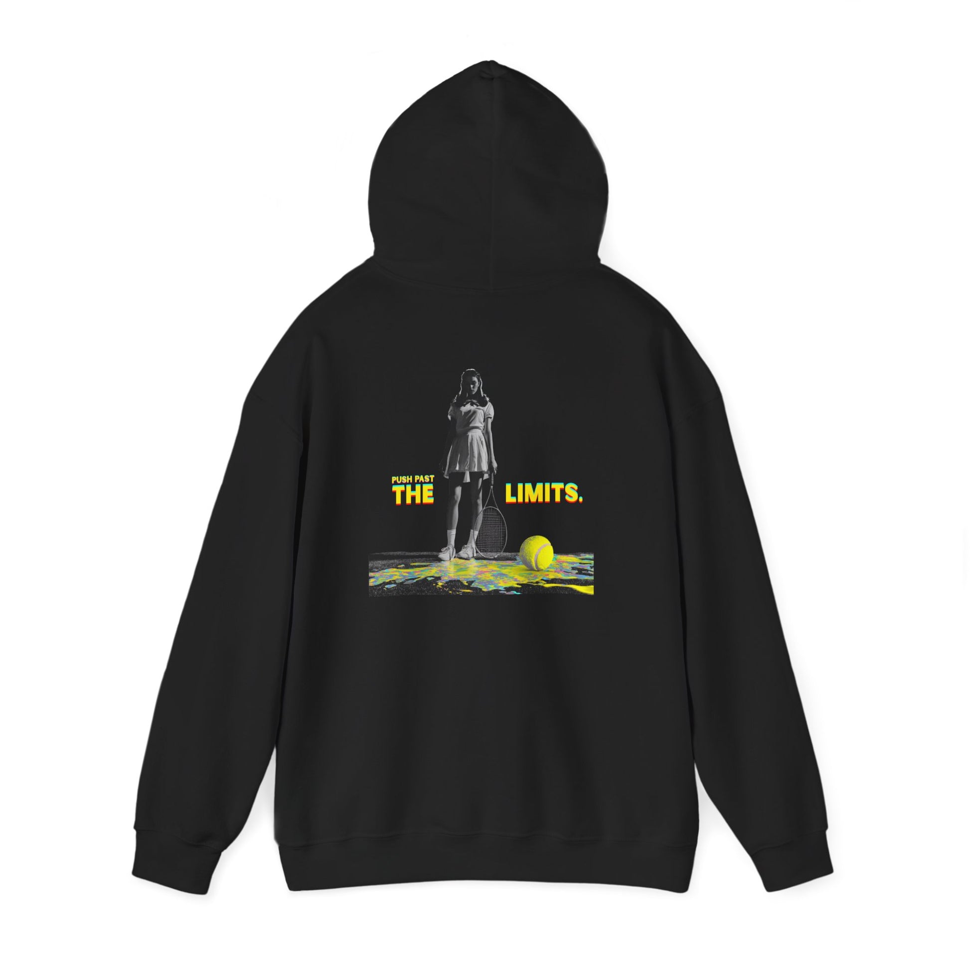Black hoodie with graphic design on the back featuring a person holding a tennis racket and ball, with text 'PUSH YOUR LIMITS'.