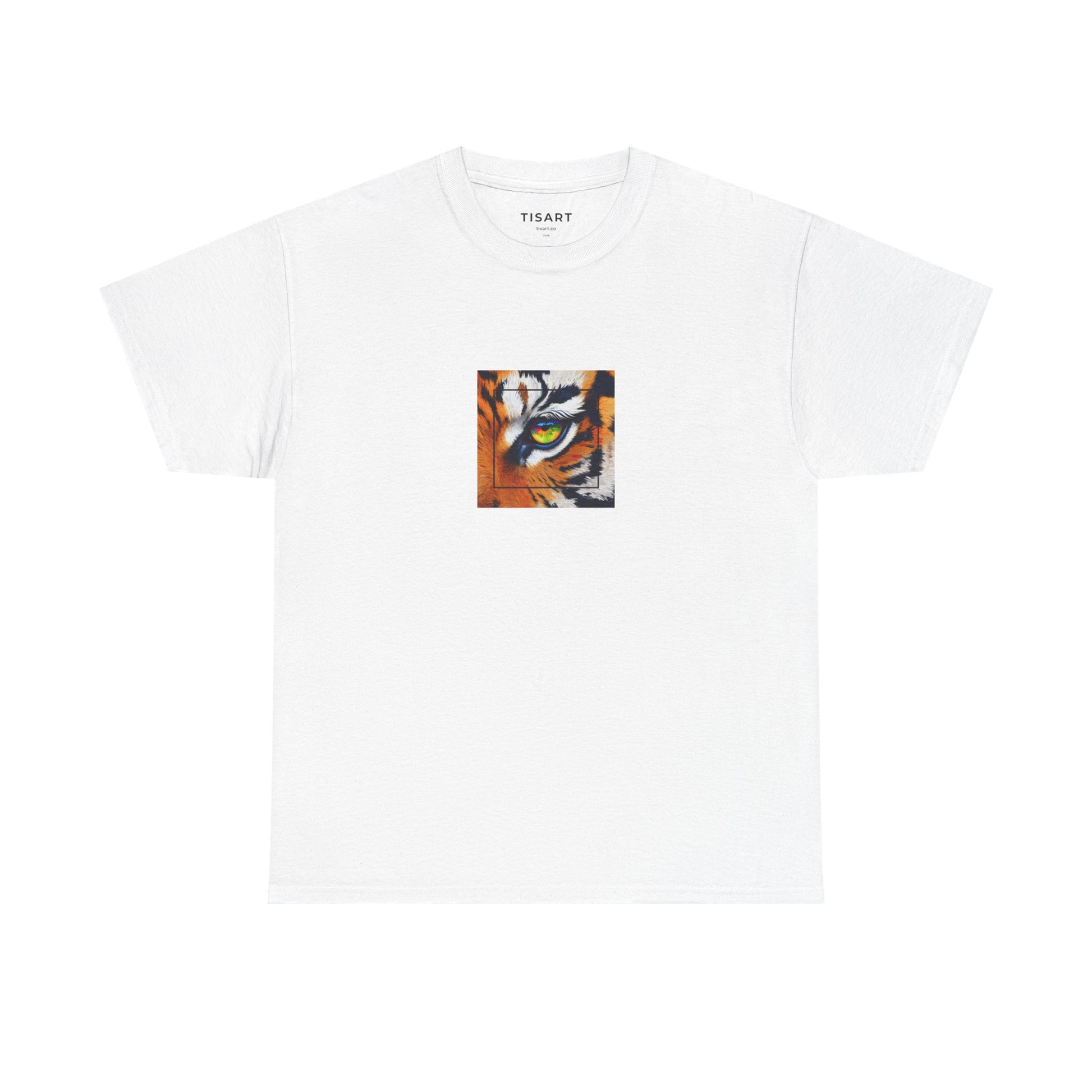 White t-shirt with a tiger graphic on a white background