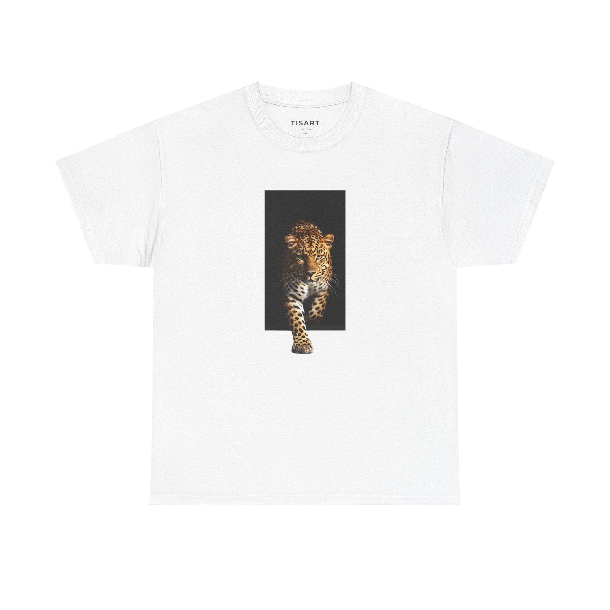 White t-shirt with a graphic of a leopard on a black square background, brand 'TISART' visible.