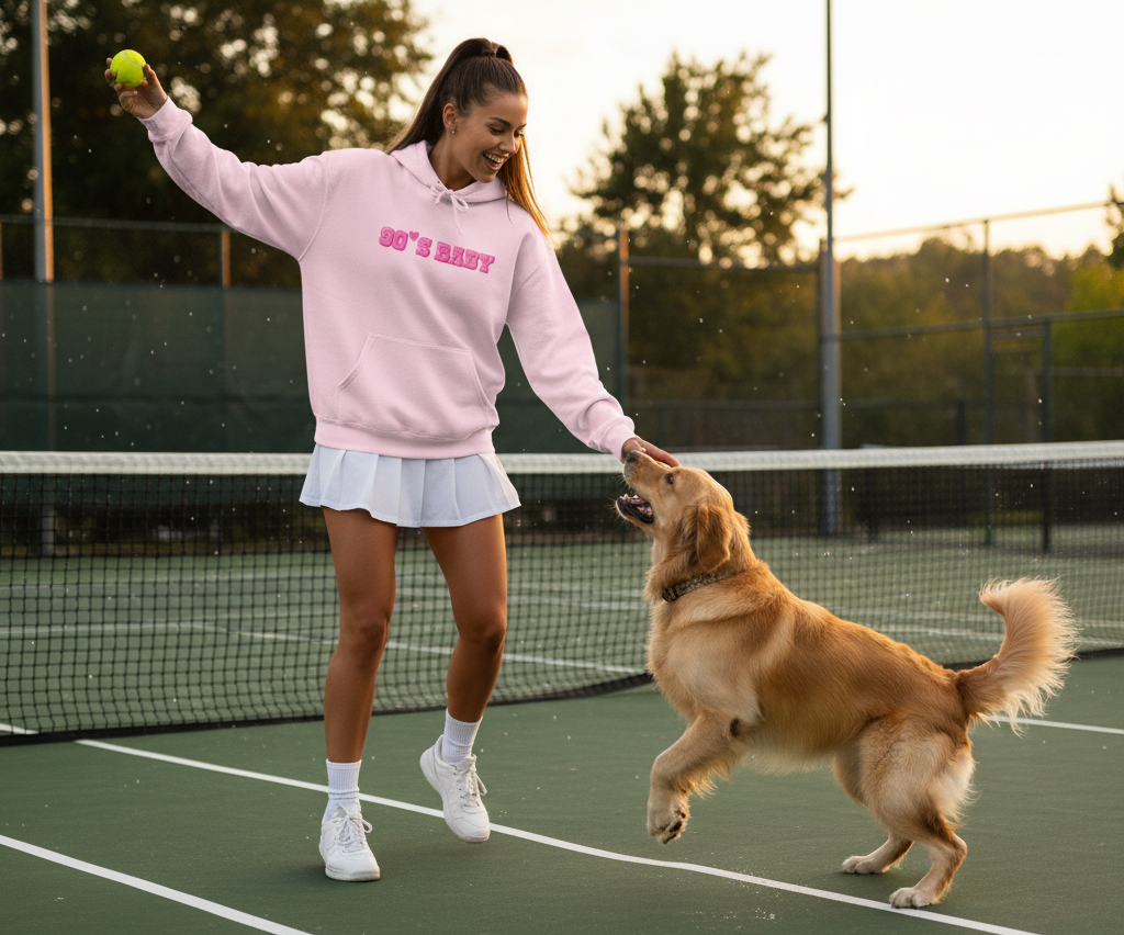 Woman in pink hoodie and white skirt playing with a dog on a tennis court