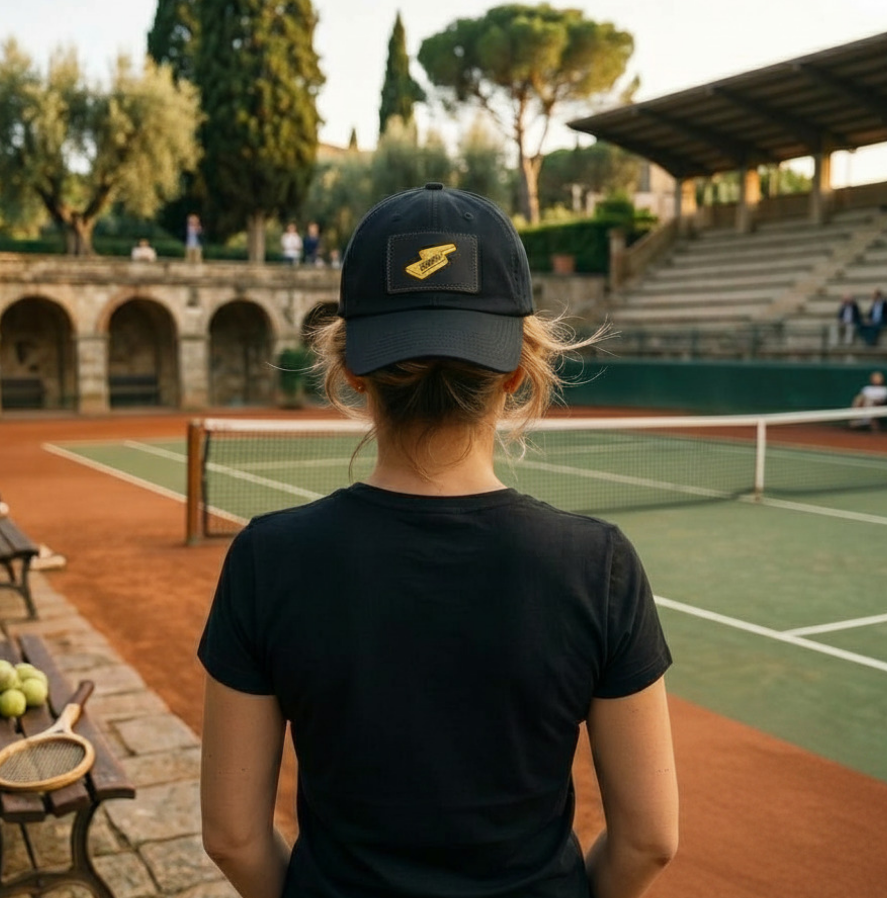 Person wearing a black cap and black shirt on a tennis court with trees and benches in the background.