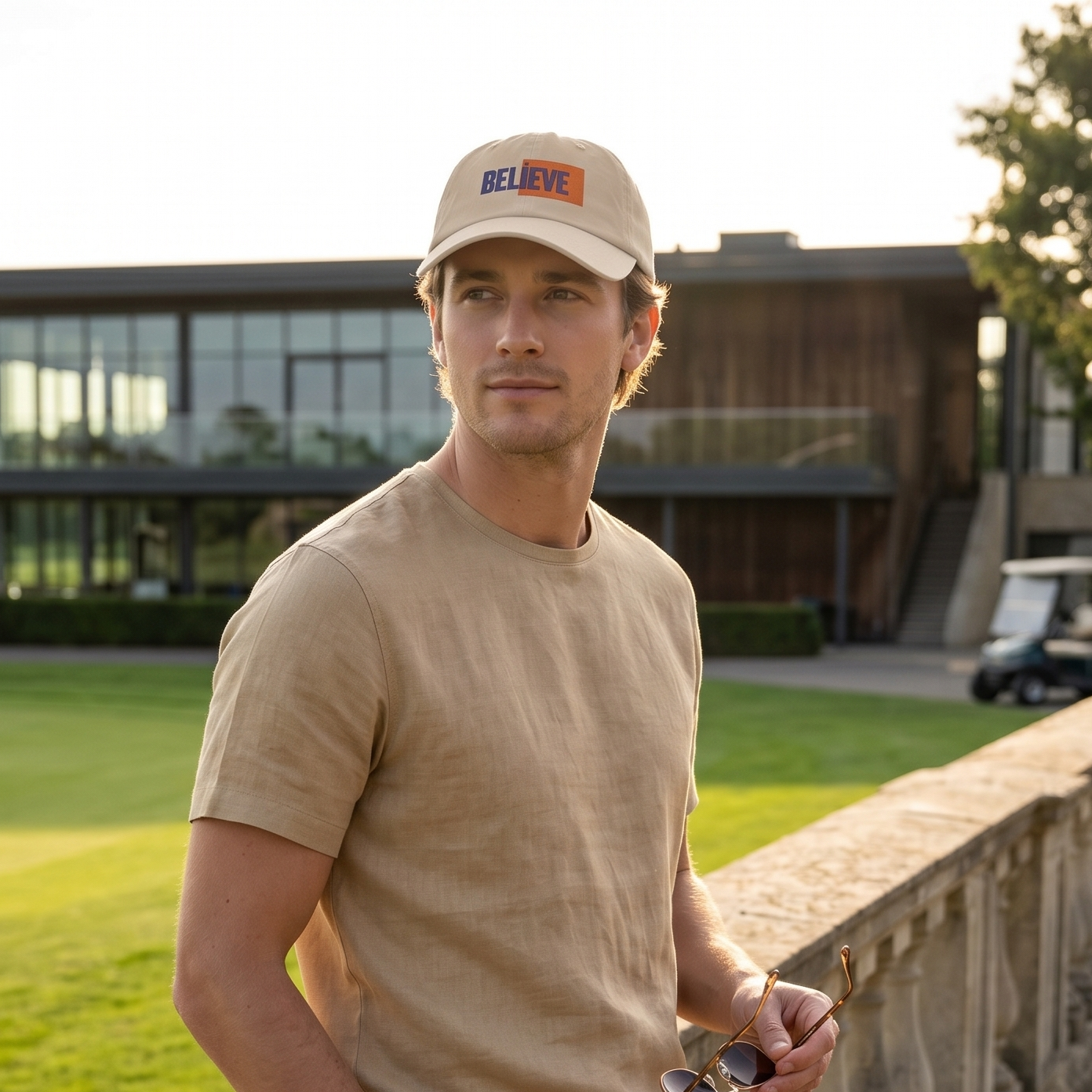 Man wearing a beige cap and shirt standing on a stone wall with a golf course and clubhouse in the background.