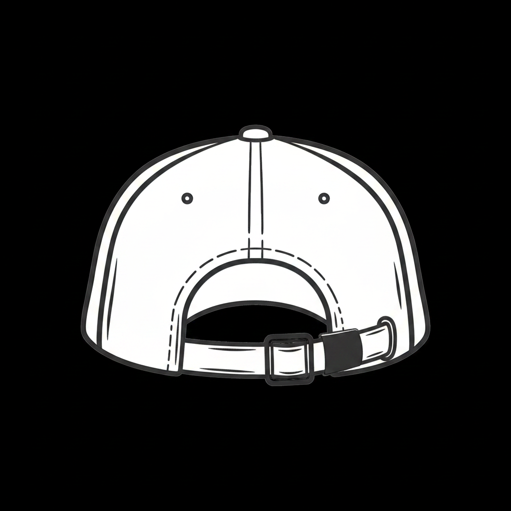 Black and white illustration of a baseball cap on a white background