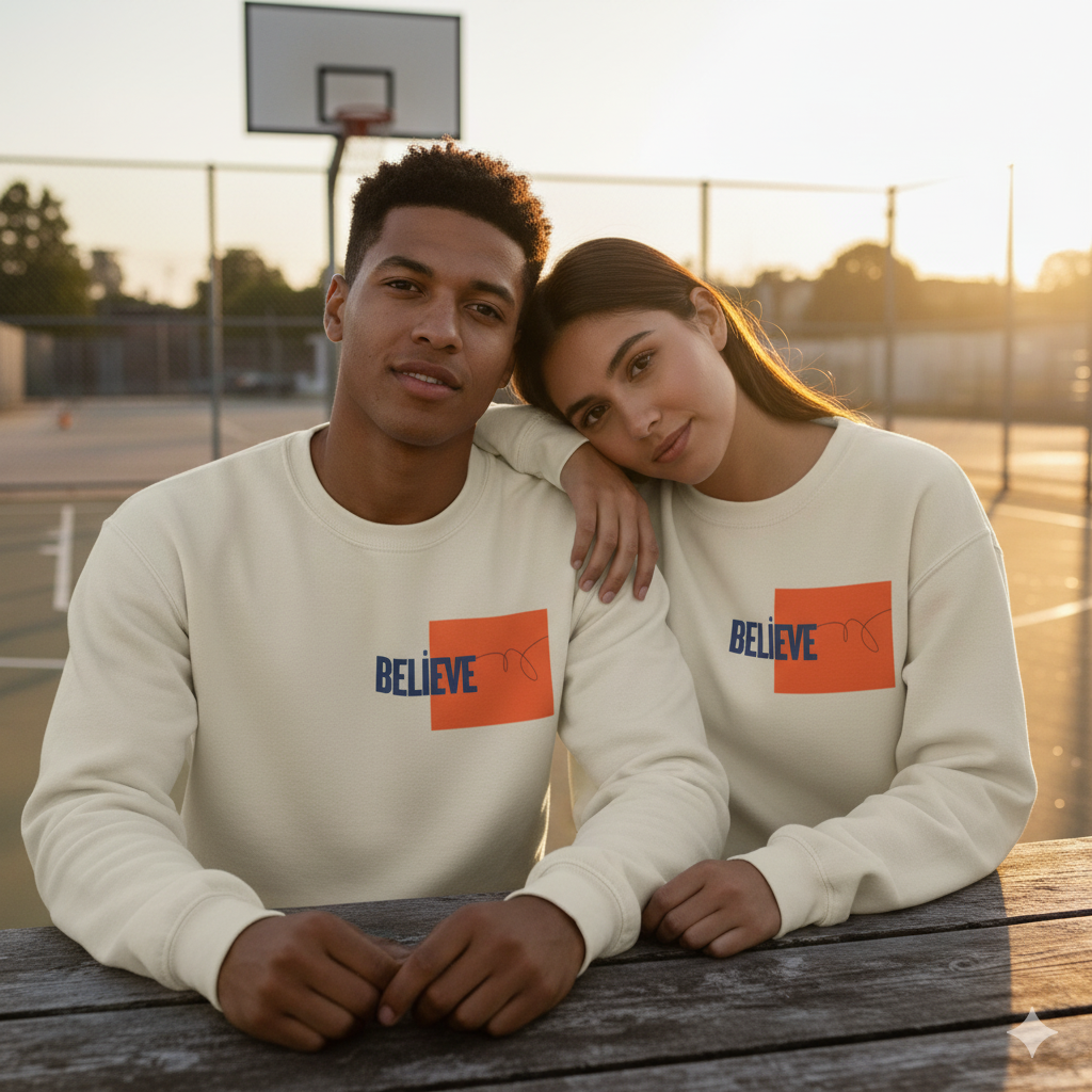 Two people wearing matching sweatshirts with 'BELIEVE' on a basketball court.