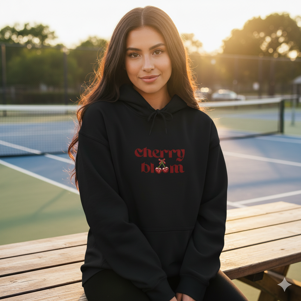 Person wearing a black hoodie with 'cherry bloom' text on a tennis court.
