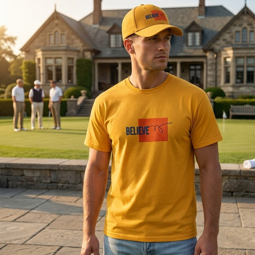 A man wearing a yellow t-shirt and matching yellow cap stands on a stone patio in front of a large stone mansion and a green golf course. The t-shirt features a graphic with the word 'BELIEVE' in blue and a red-orange block behind it.