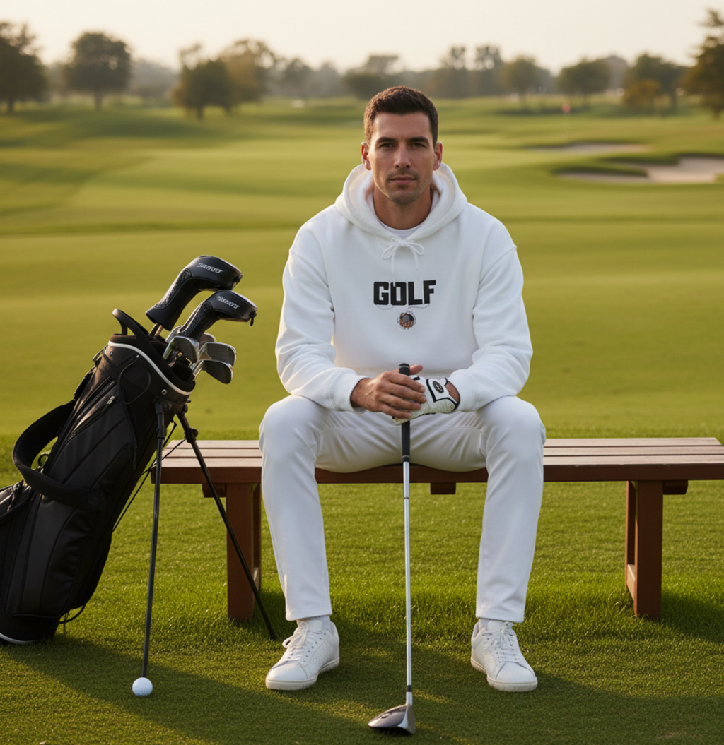 Man in a white 'GOLF' hoodie sitting on a bench with golf clubs on a green course
