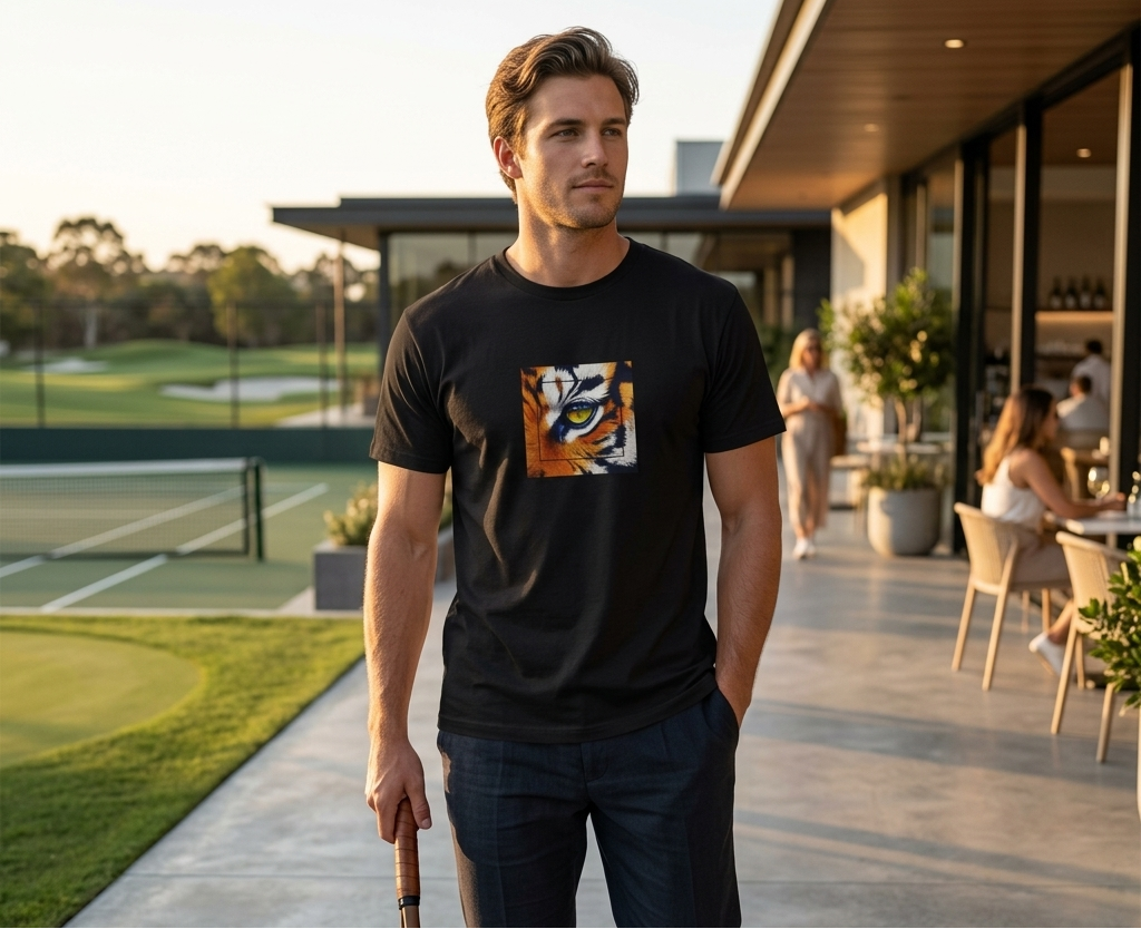 Man holding a tennis racket on a patio with a golf course in the background