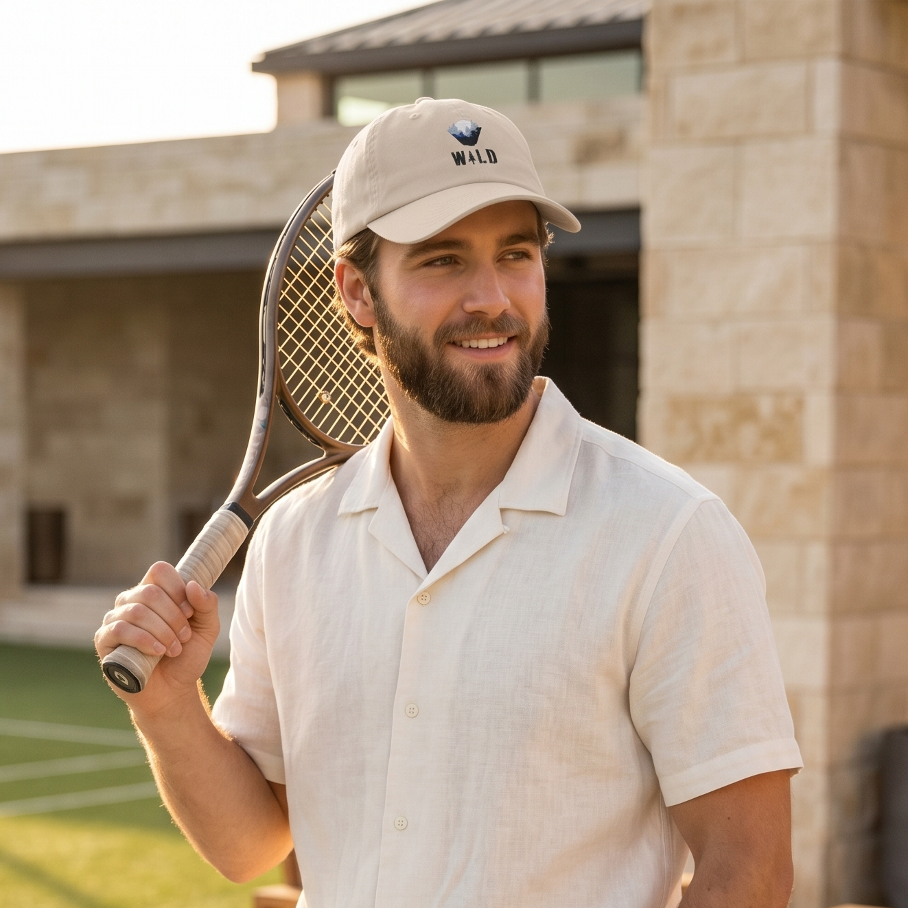 Man holding a tennis racket outdoors near a building and chairs