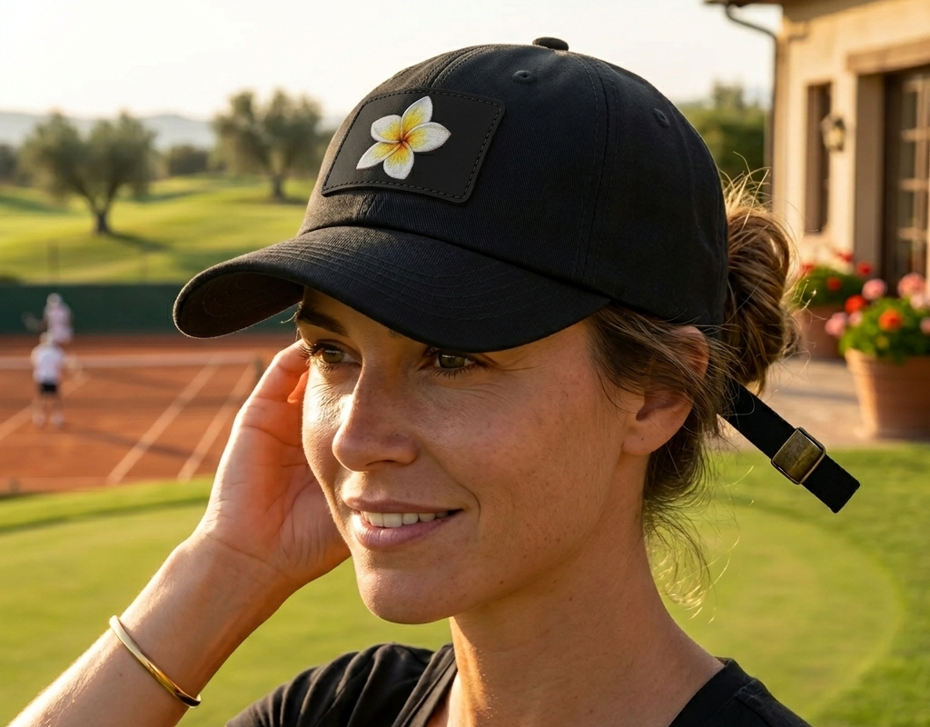 Woman wearing a black cap with a flower emblem on a tennis court