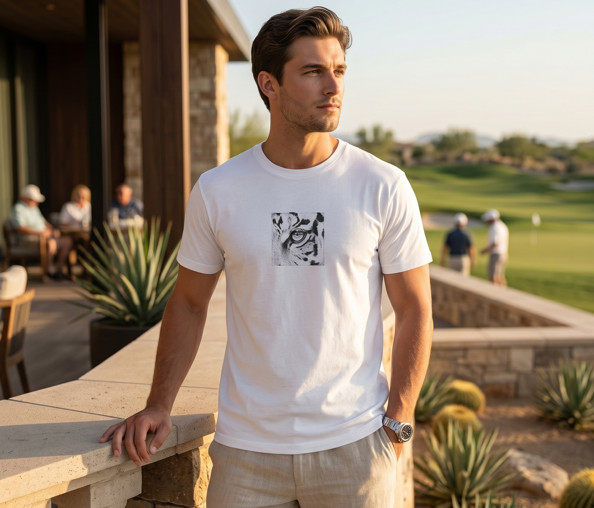 Man wearing a white t-shirt with a graphic design, standing outdoors near a golf course.