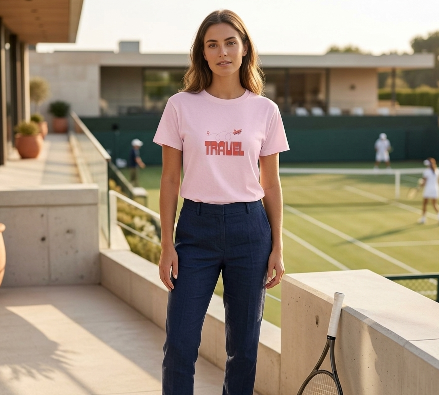 Woman standing on a tennis court wearing a pink 'Travel' t-shirt and navy pants, with a tennis racket beside her.