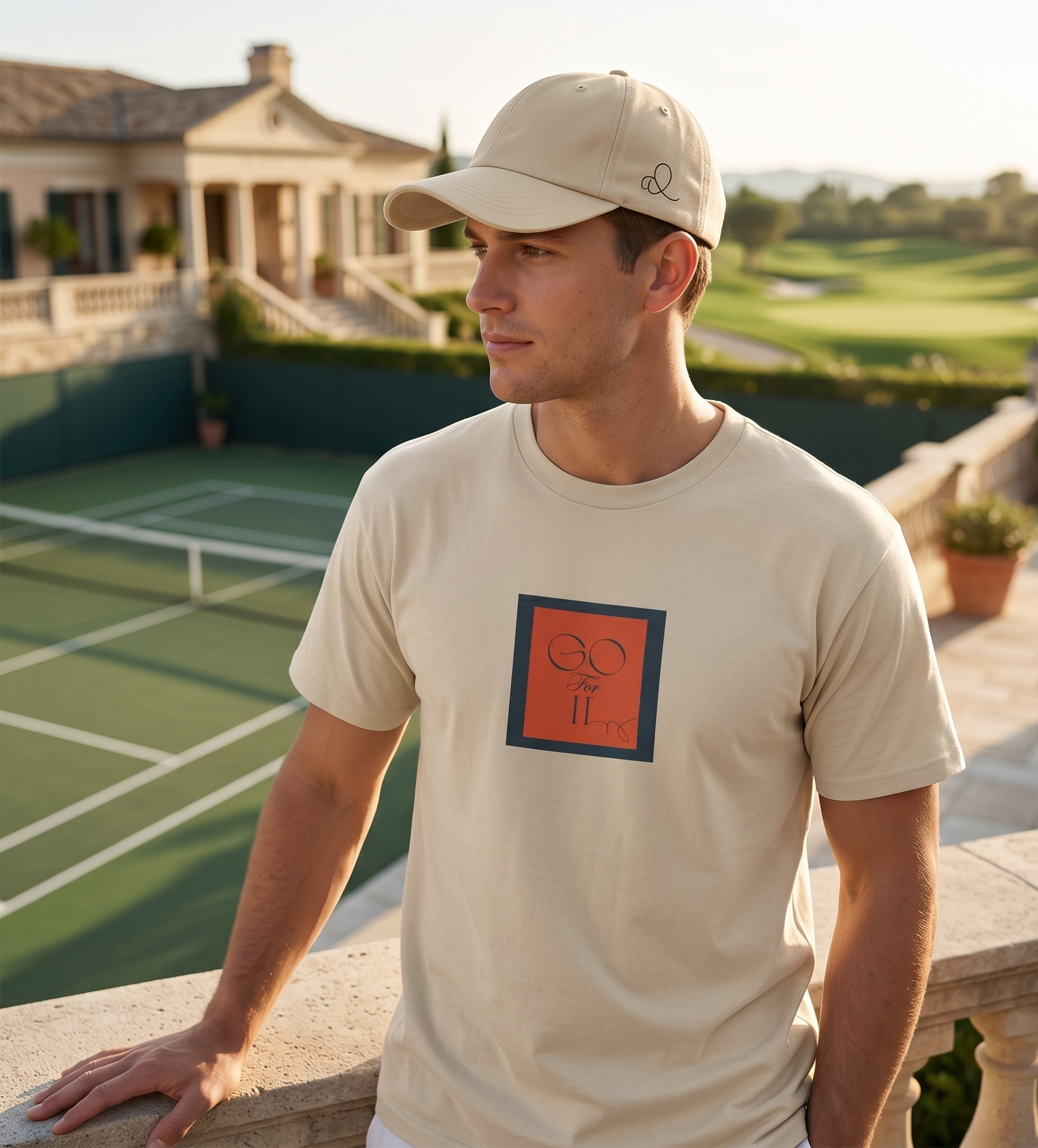 Man wearing a beige cap and t-shirt with a logo, standing on a balcony overlooking a tennis court and golf course.