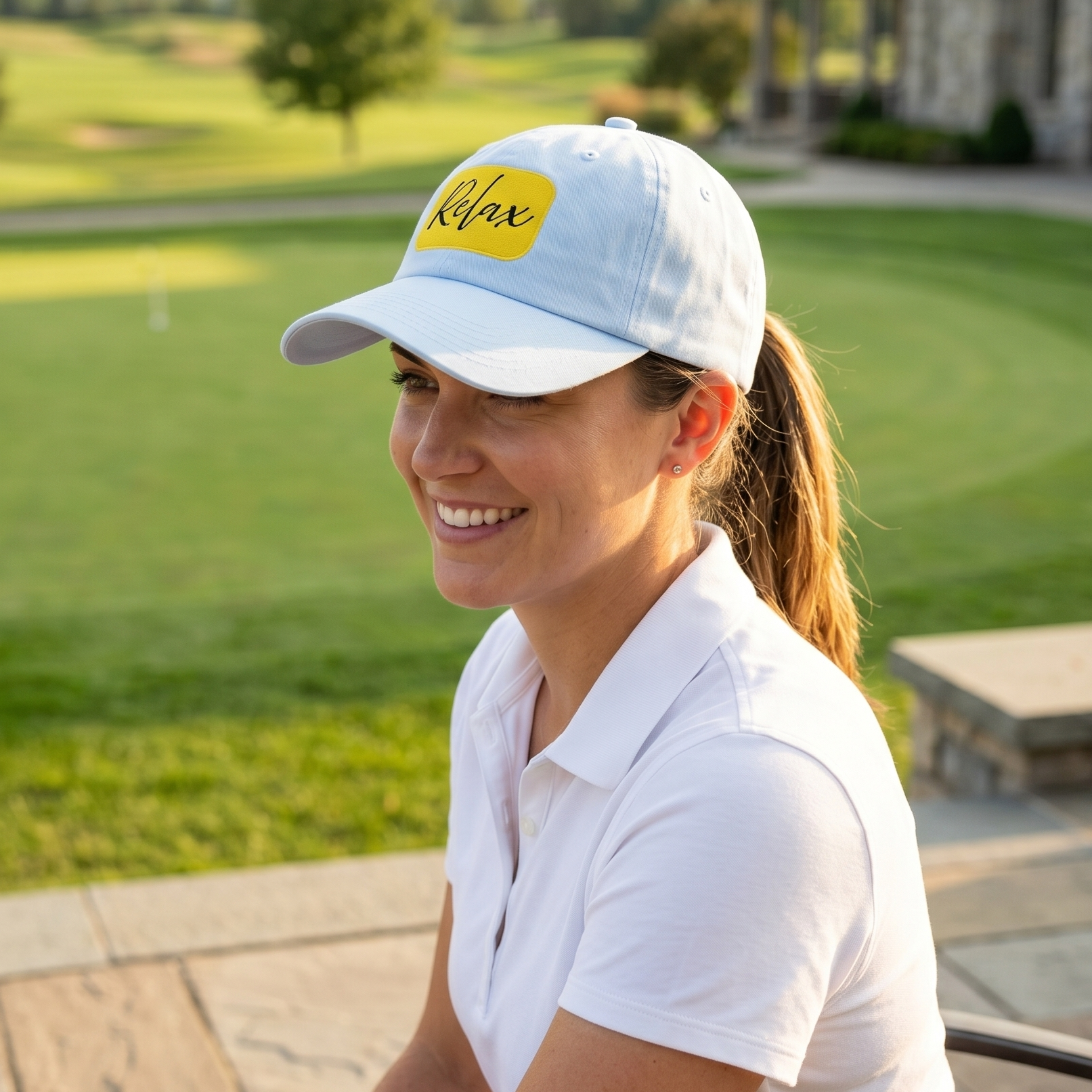 Woman wearing a white cap with a yellow logo on a golf course