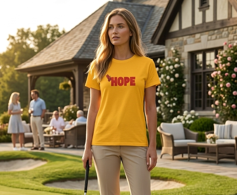 Woman in yellow 'HOPE' t-shirt holding a golf club on a golf course with a house in the background