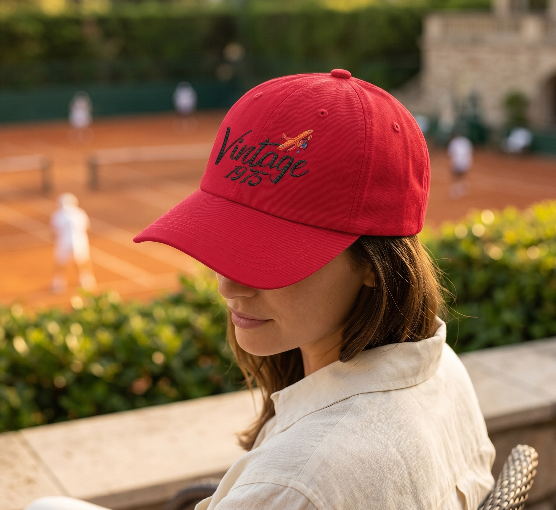 Person wearing a red cap with 'Vintage 1975' text on a tennis court background