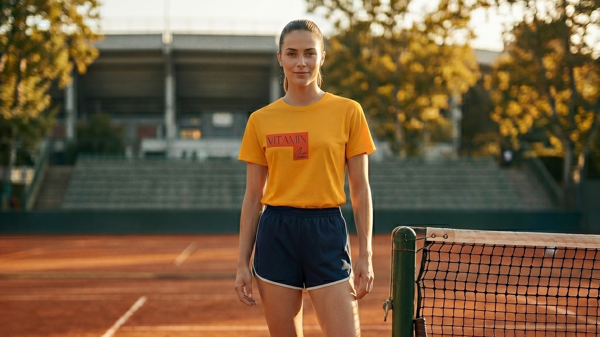 Woman standing on a tennis court with a racket and bag, wearing a yellow shirt and blue shorts.