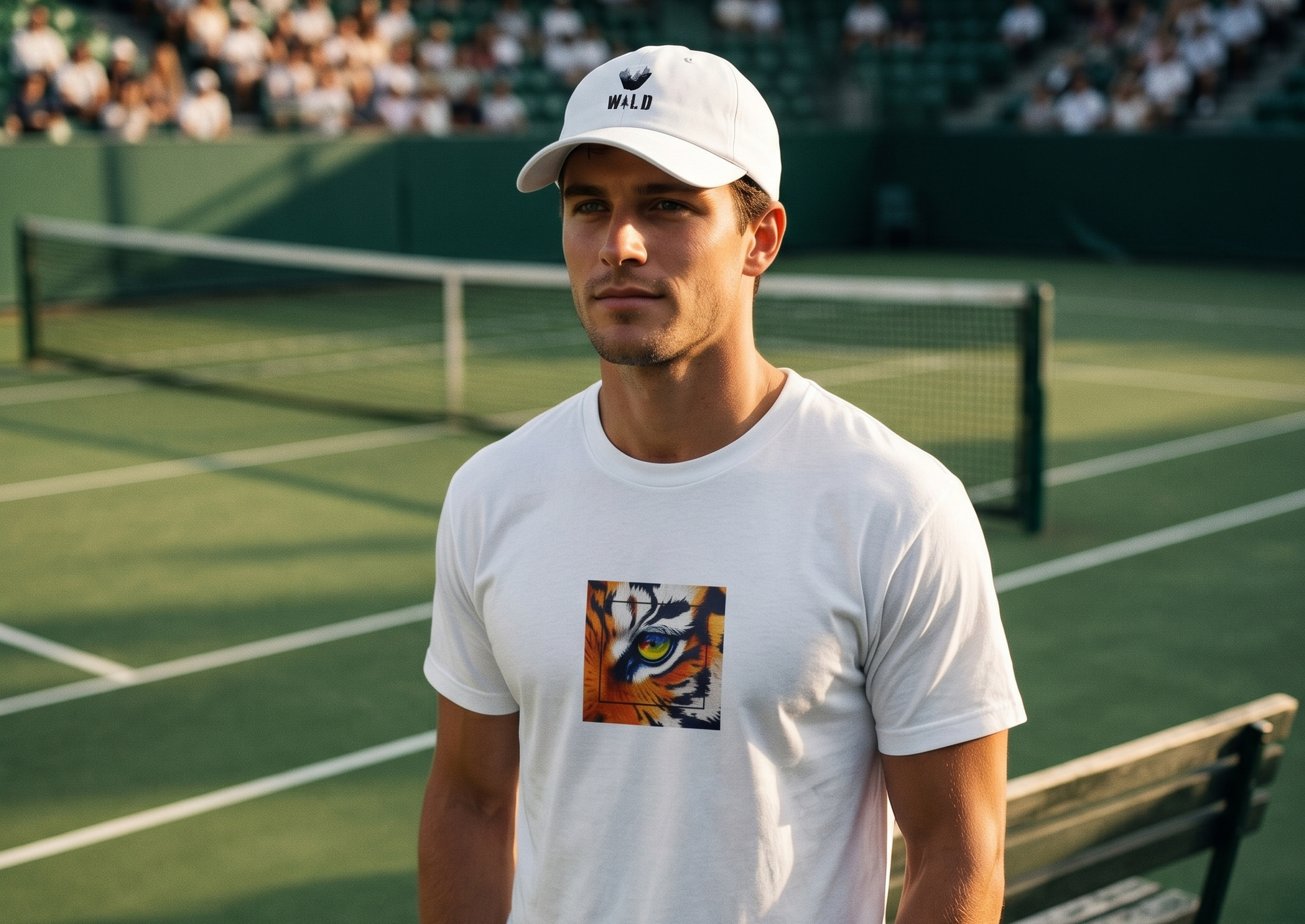 Man standing on a tennis court wearing a white t-shirt with a logo and a cap.