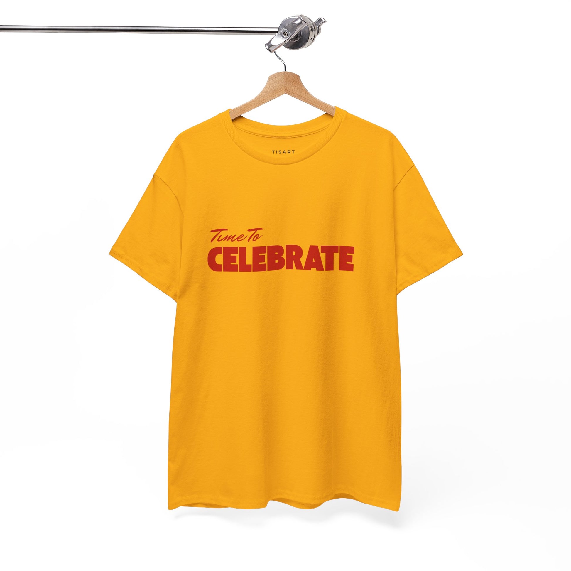 Yellow t-shirt with 'Time to CELEBRATE' text on a hanger against a white background
