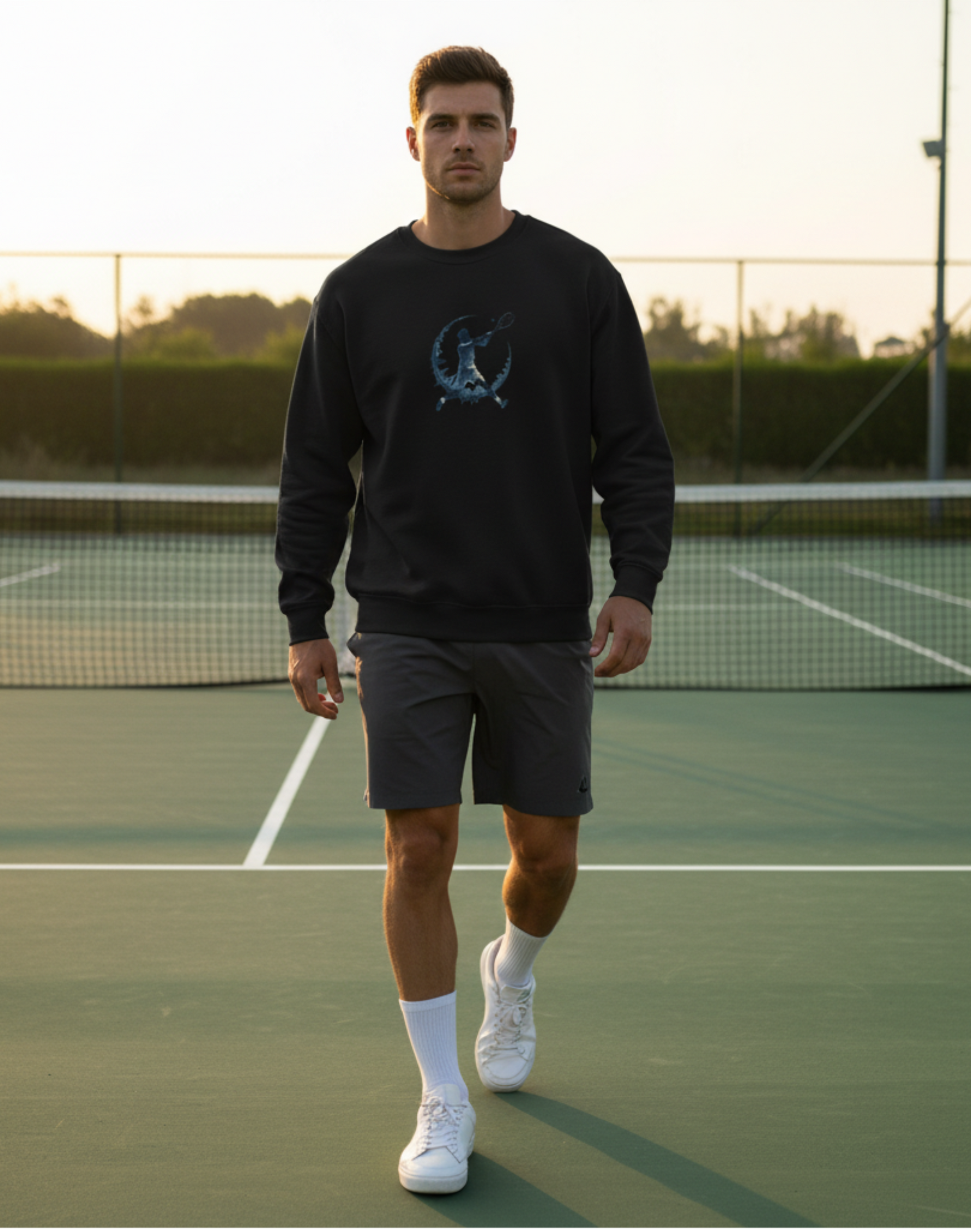Man walking on a tennis court wearing a black sweatshirt and gray shorts.