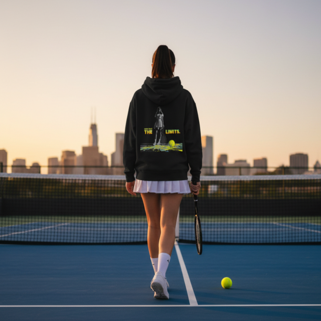Person on a tennis court with a city skyline in the background