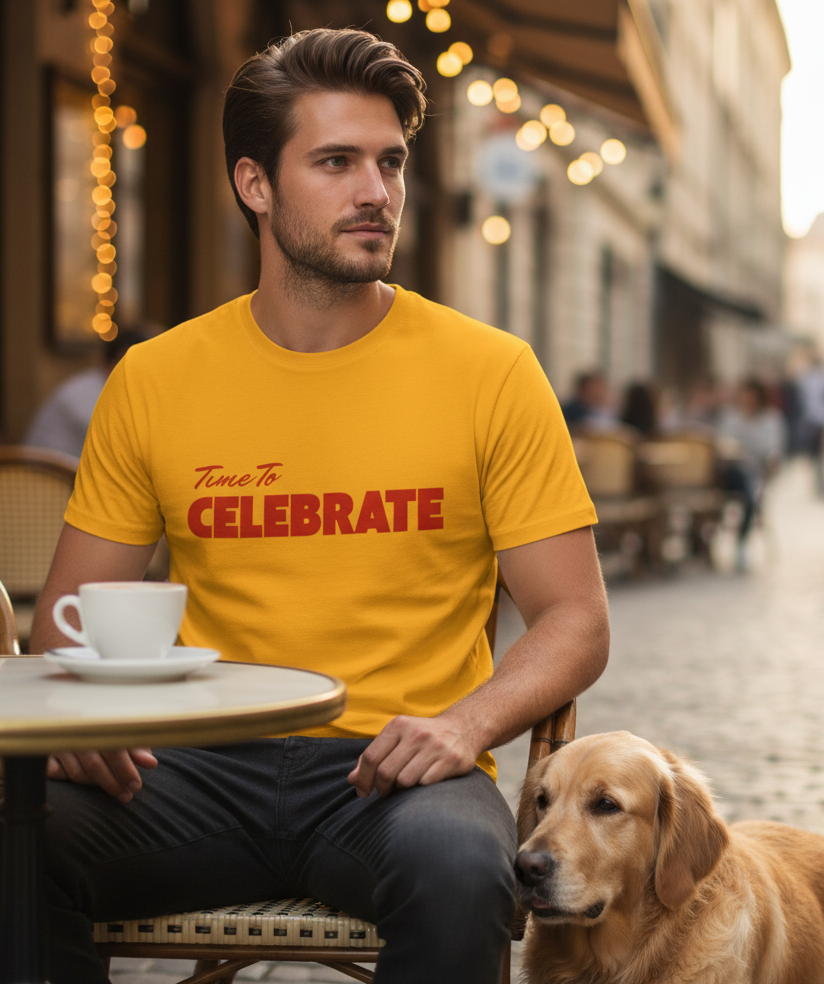 Man in yellow t-shirt with 'Time to CELEBRATE' text sitting at a cafe with a dog.